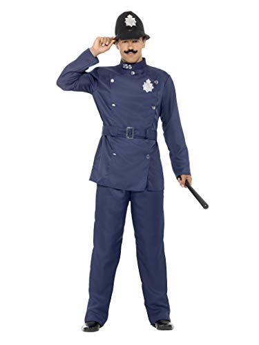 Man in a full navy blue London police officer costume, saluting.