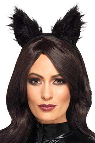 Black, long-pile fur cat ears on a headband, worn by a model.
