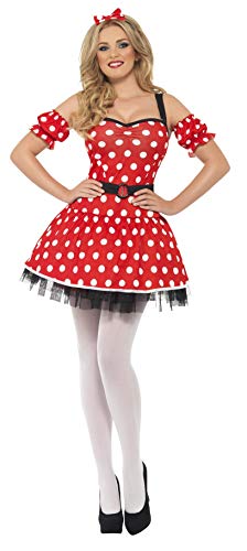 Woman in a red and white polka dot Madame Mouse costume.