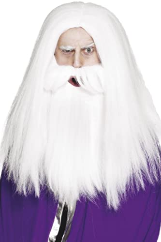 White magician wig and long beard set, worn by a person.