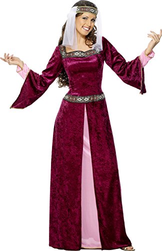 Woman wearing a long, maroon velvet dress with gold trim and a white veil.