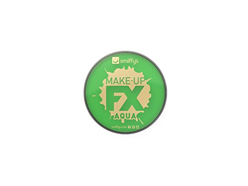 A small, round green tin of face paint with a silver rim and beige text.