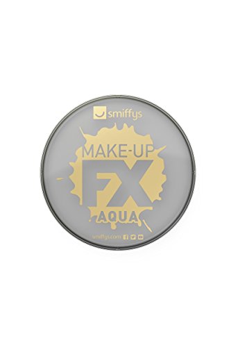 A round, grey tin of face paint with yellow text and splatter design on a white background.