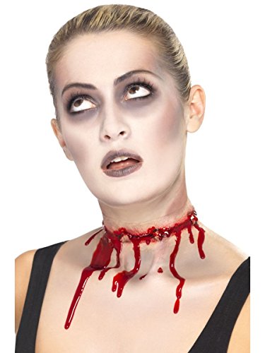 Woman with realistic prosthetic makeup showing a split, bloody scar.
