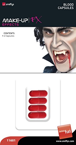 A close-up of a vampire mask with fangs and blood on the chin.