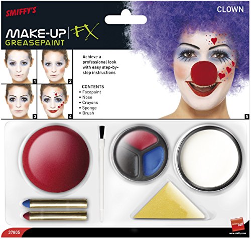 "Clown makeup kit packaging with face paint, sponge, and prosthetic nose on a white background."