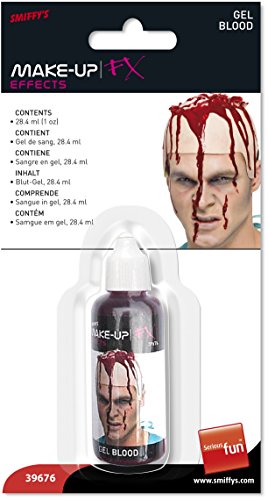 Smiffys gel blood makeup packaging with a model showing simulated wounds.