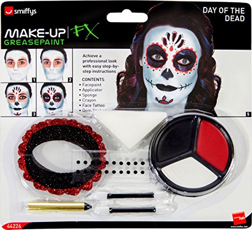 Woman with sugar skull makeup, white face paint, and colorful hair, against a white background.