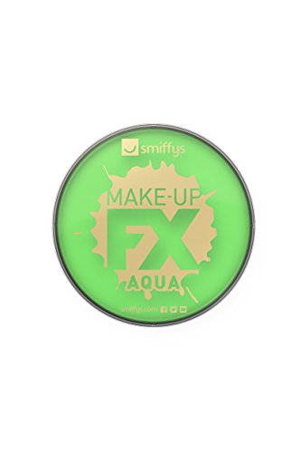 A small, round tin of lime green face paint with "Smiffys Make-Up FX Aqua" text.