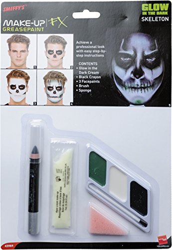 Smiffys glow-in-the-dark skeleton makeup kit with face paints, crayon, brush, and sponge.