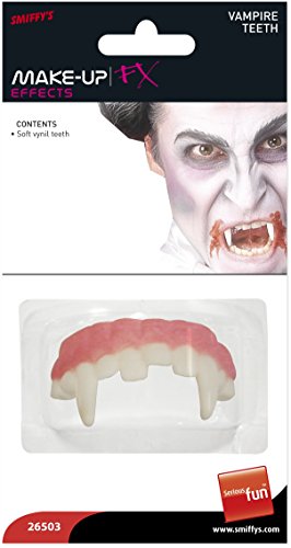 "Vampire teeth prosthetic in packaging, with a model displaying the product."