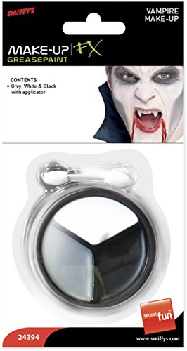 Smiffys vampire makeup kit packaging featuring grey, white, and black greasepaint with an applicator.
