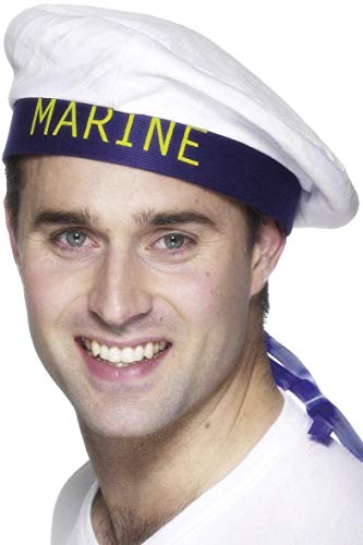 Man wearing a white sailor hat with blue ribbon and "MARINE" text.