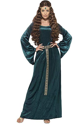A woman wearing a long-sleeved green velvet medieval dress with a patterned belt and headband.