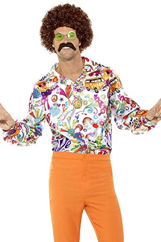 Man in colorful 1960s-style shirt and orange pants with wig and fake mustache.