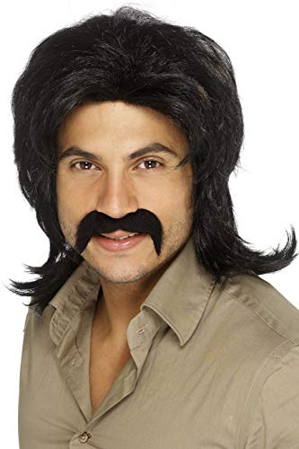 Man wearing a long, black 1970s-style wig and mustache.