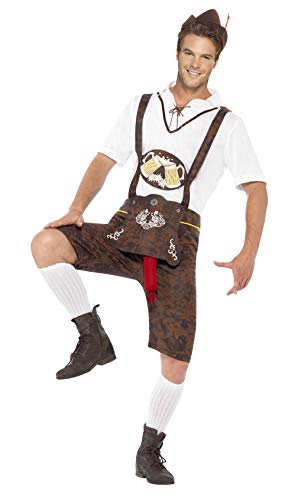Man wearing a brown Bavarian-style lederhosen costume, smiling.