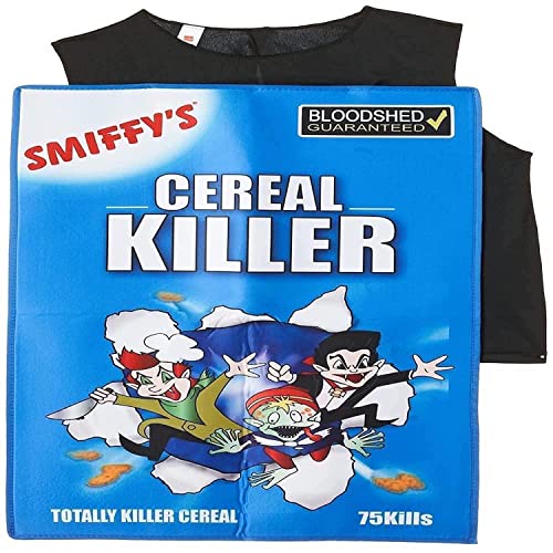 Blue cereal box costume with cartoon monsters and "Cereal Killer" text.