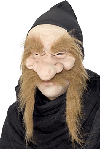 A man wearing a realistic pale face mask with a long, sandy-blonde beard and hood.