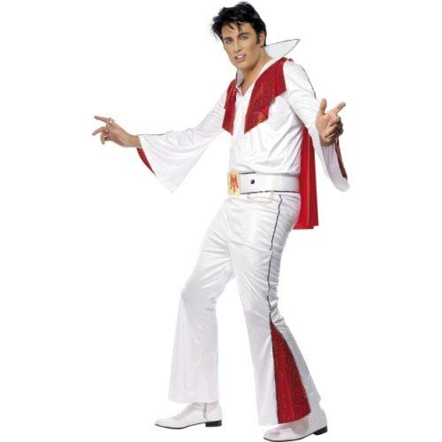Man wearing a white Elvis costume with red sequined accents, cape, and wide belt.