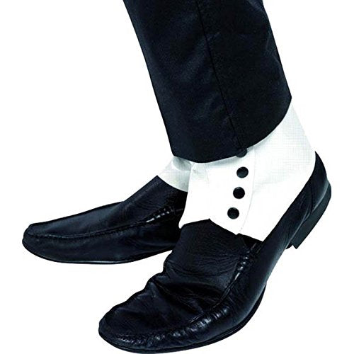 White gaiters with black buttons, shown from two different angles on a white background.