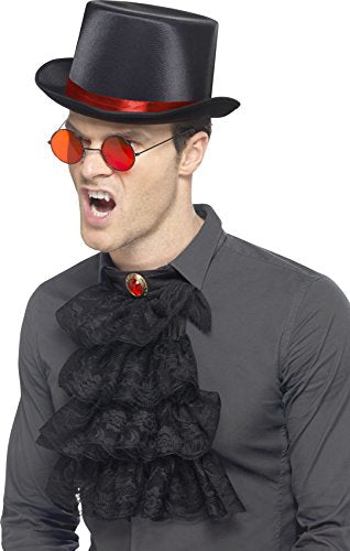 Man wearing a black top hat, red-tinted glasses, and a ruffled black jabot.
