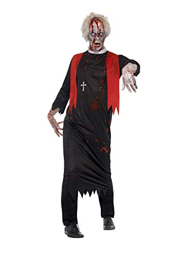 Zombie priest costume with bloodied face and torn black robe.