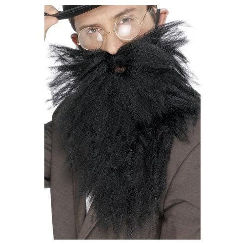 Man wearing a long, thick, black, fluffy fake beard and glasses.