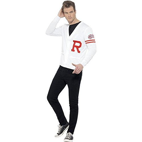 Man wearing a white Rydell High School cardigan and black pants.