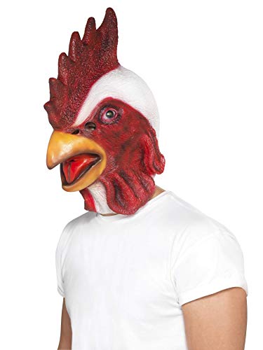A person wearing a realistic overhead chicken mask with a red comb and beak.