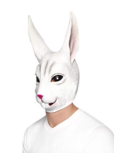 White rabbit mask with pink nose, worn by a person.