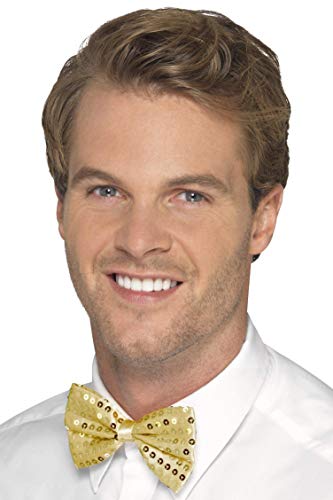 Man wearing a gold sequin bow tie, close-up portrait.