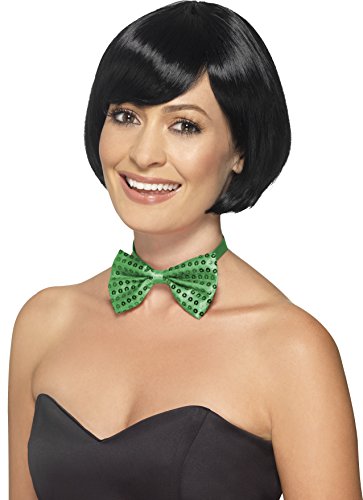 A woman wears a green sequined bow tie with a black strapless dress.