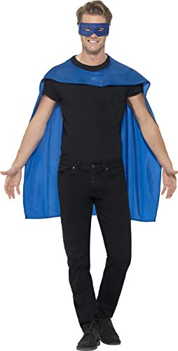 Man wearing a blue cape and mask with black shirt and pants.