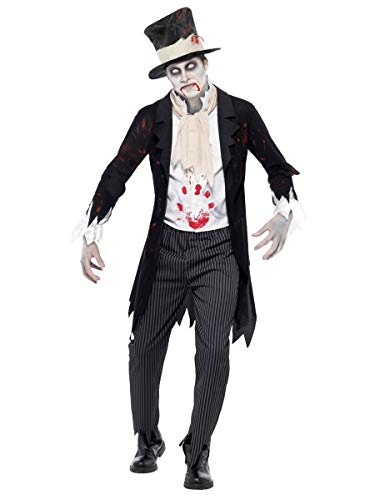 Zombie groom in black suit, top hat, with blood-splattered details.