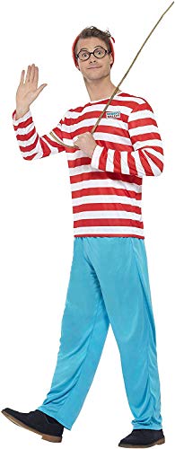 Man in a red and white striped shirt, blue trousers, and glasses.
