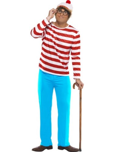 Man in a red and white striped “Where’s Wally?” costume with glasses.