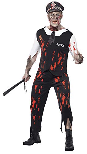 Zombie policeman costume with blood splatters, hat, tie, and baton.