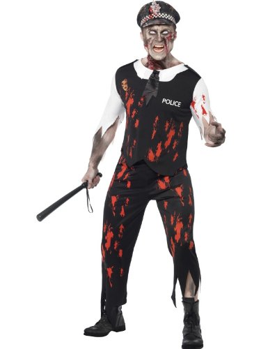 Man dressed as a bloody, undead policeman, wearing a hat and holding a truncheon.