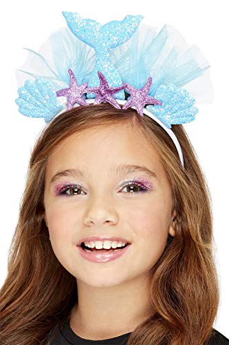 Blue mermaid headband with starfish and shells on a girl’s head.