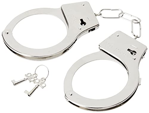 Shiny metal handcuffs and two small keys on a white background.