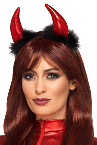 Red metallic devil horns on a black headband, worn by a woman.