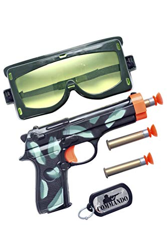 Toy gun, goggles, bullets, and dog tag on a white background.