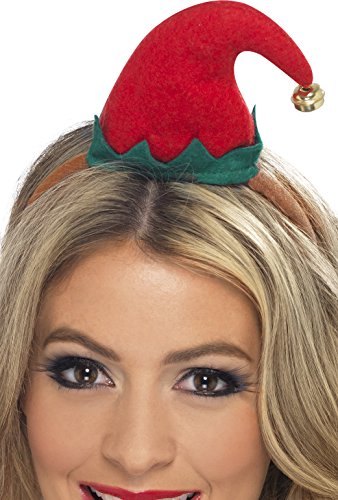 Red felt elf hat with green trim on a brown headband, gold bell attached.