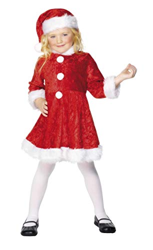 Young girl wearing a red velvet Miss Santa costume with white fur trim.