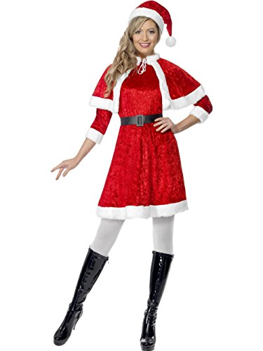 Woman wearing a red Miss Santa costume with white fur trim.
