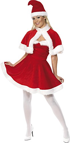 Woman wearing a short, red Miss Santa costume with white fur trim.