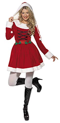 Woman wearing a red Miss Santa costume with white trim.