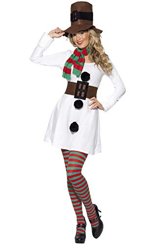 Woman wearing a white snowman costume with black buttons and striped tights.