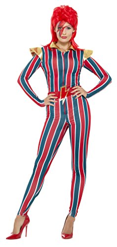 Woman in a red and blue striped jumpsuit with a lightning bolt emblem.